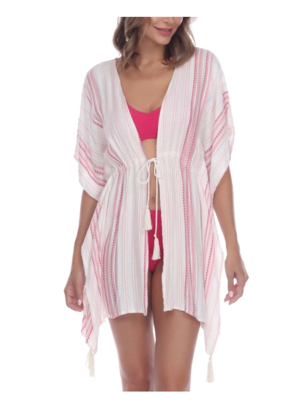 Raviya Pink and White Striped Sheer Swim Cover-Up with Tassels
